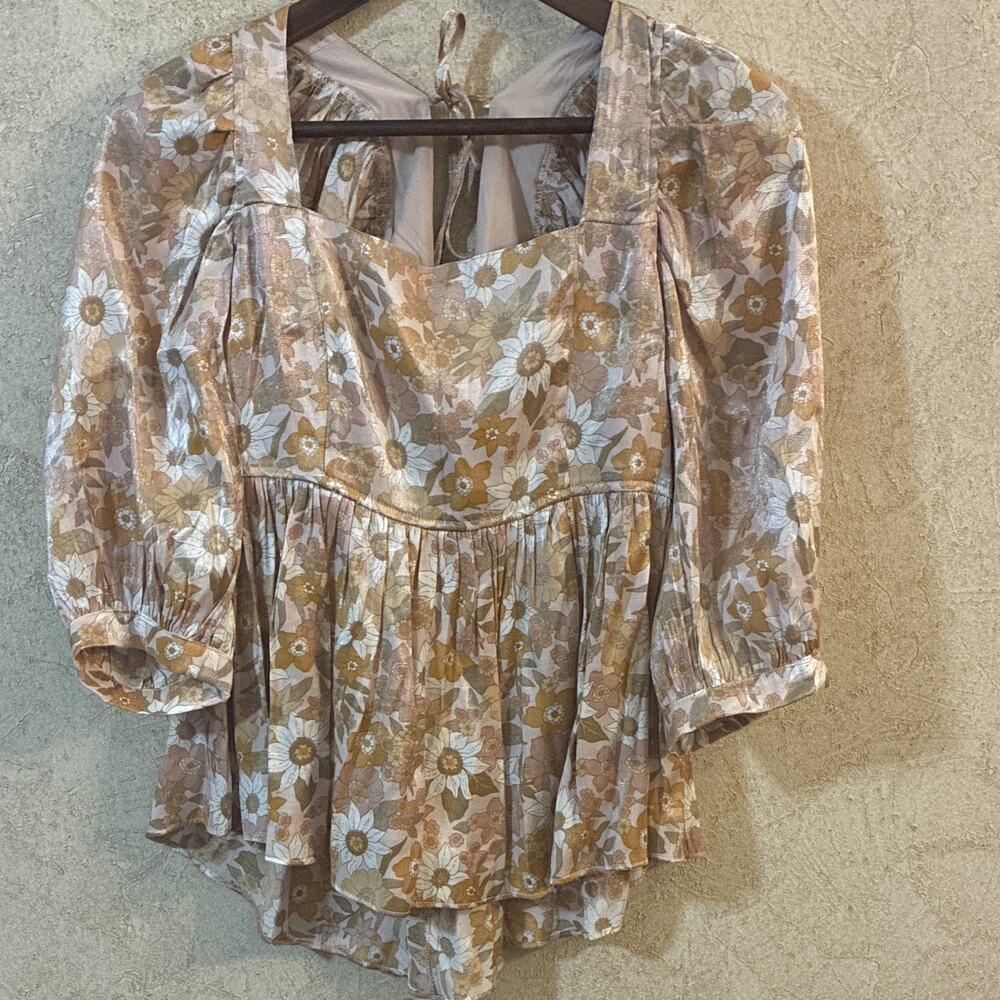 Mittoshop Shimmer Floral Babydoll Top Square Neck Puff Sleeve Boho Cottagecore S